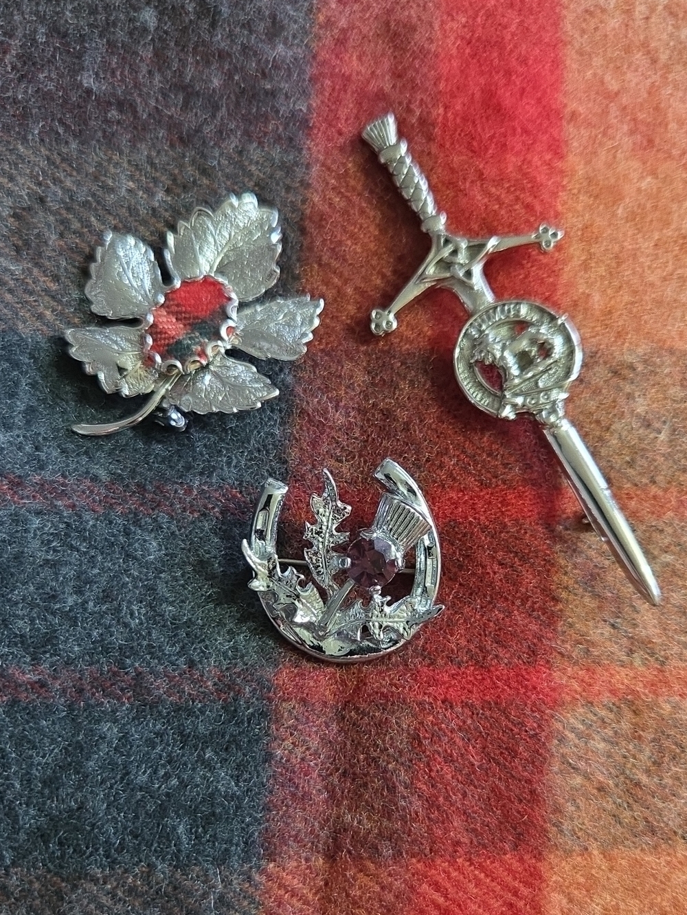 Vintage Silvertone Scottish Thistle, Tartan & Sword Brooch Lot